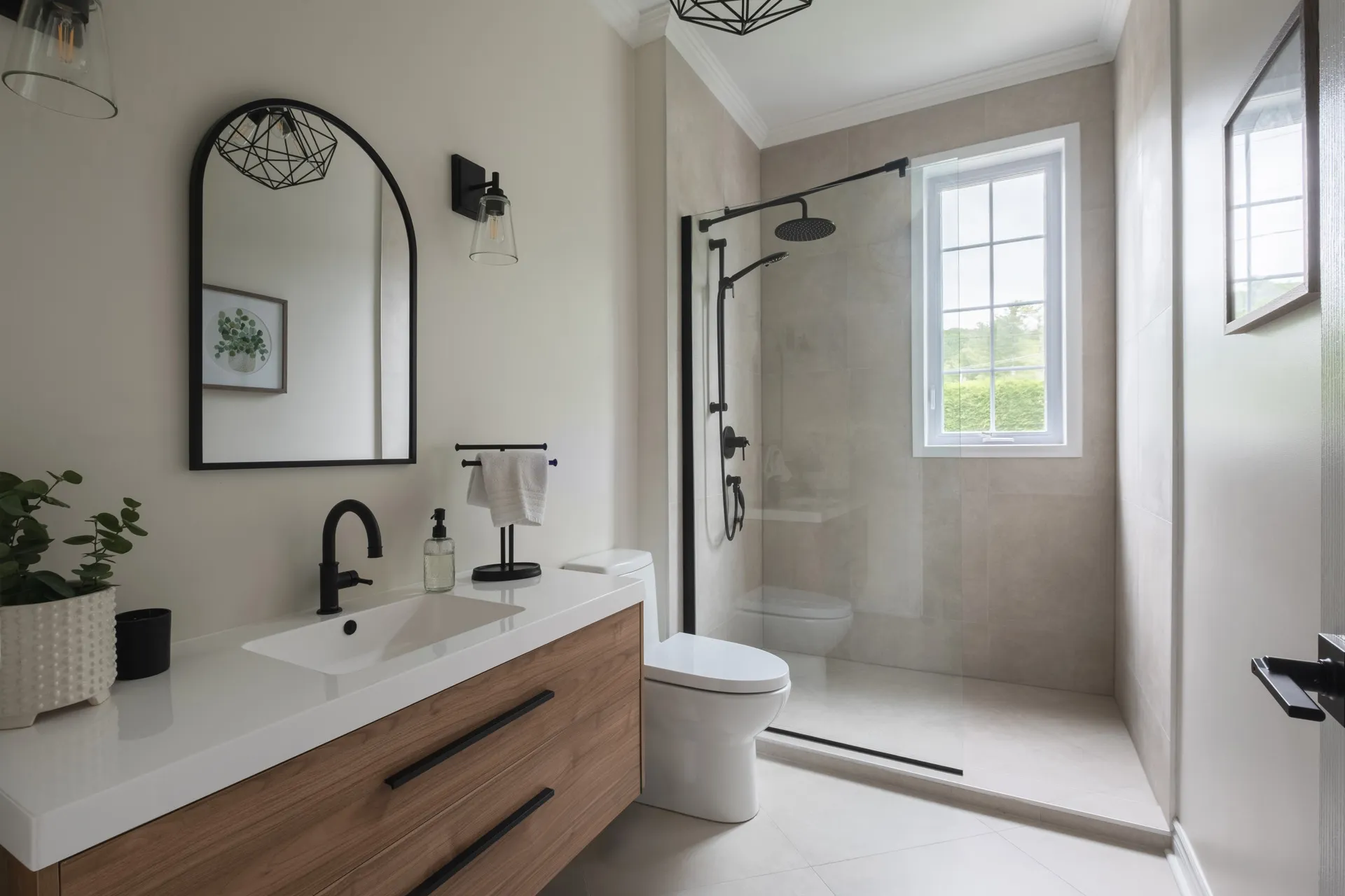 Modern bathroom with wooden vanity, white countertop, black arched mirror and glass shower enclosure