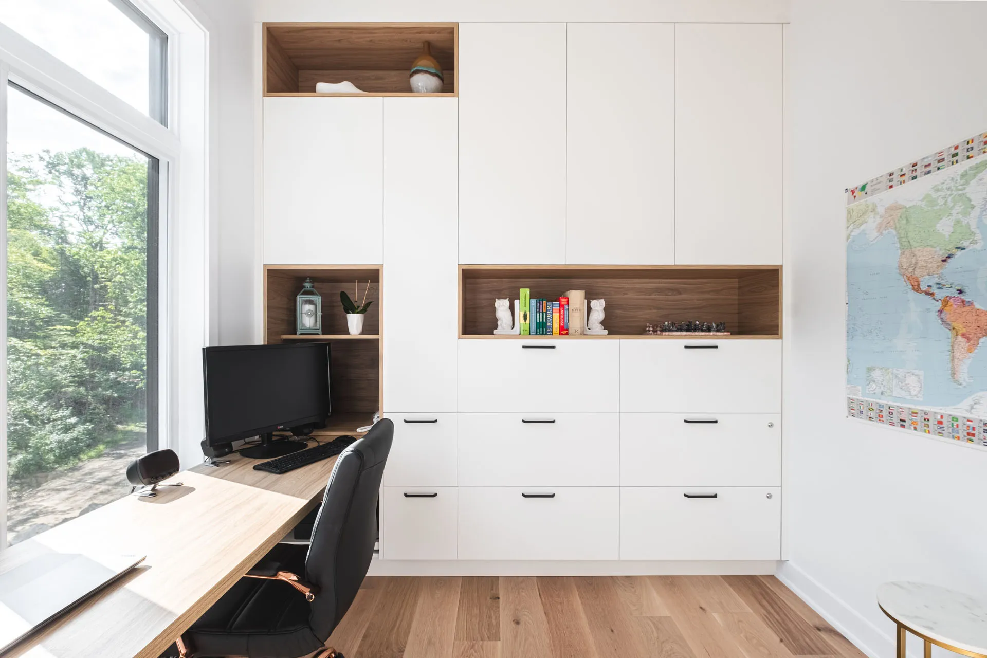 White office with Menuitech cabinetry, wood countertop, built-in shelving and panoramic window - Diard Project Saint-Hippolyte