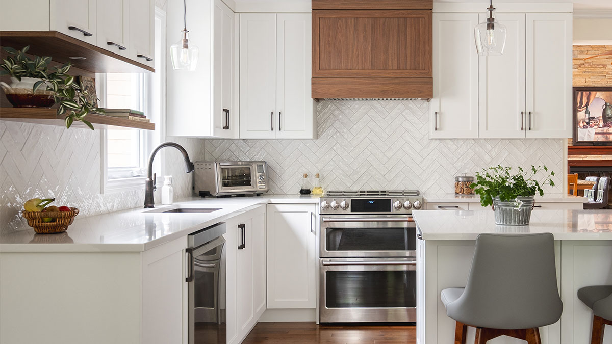 Quartz countertop sample compared against a white cabinet door