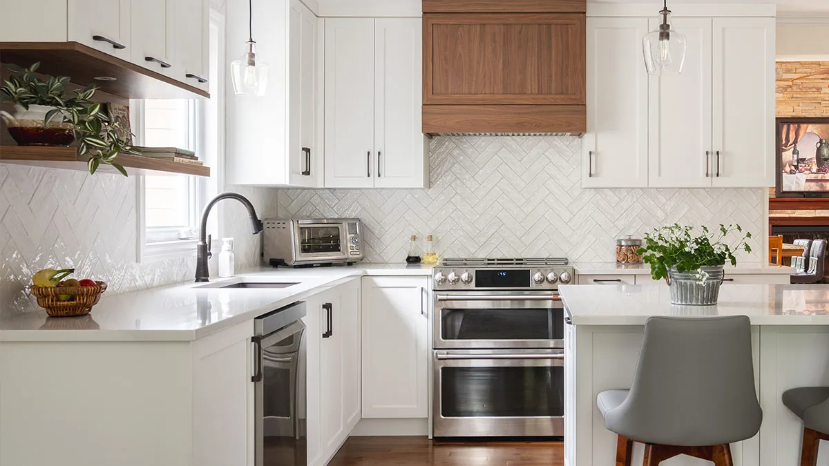 Quartz countertop sample compared against a white cabinet door